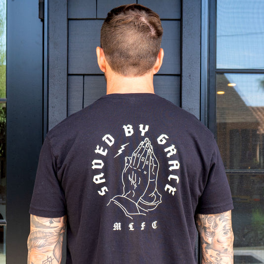 SAVED BY GRACE 100% cotton super soft crewneck pocket t-shirt front & back screen print design