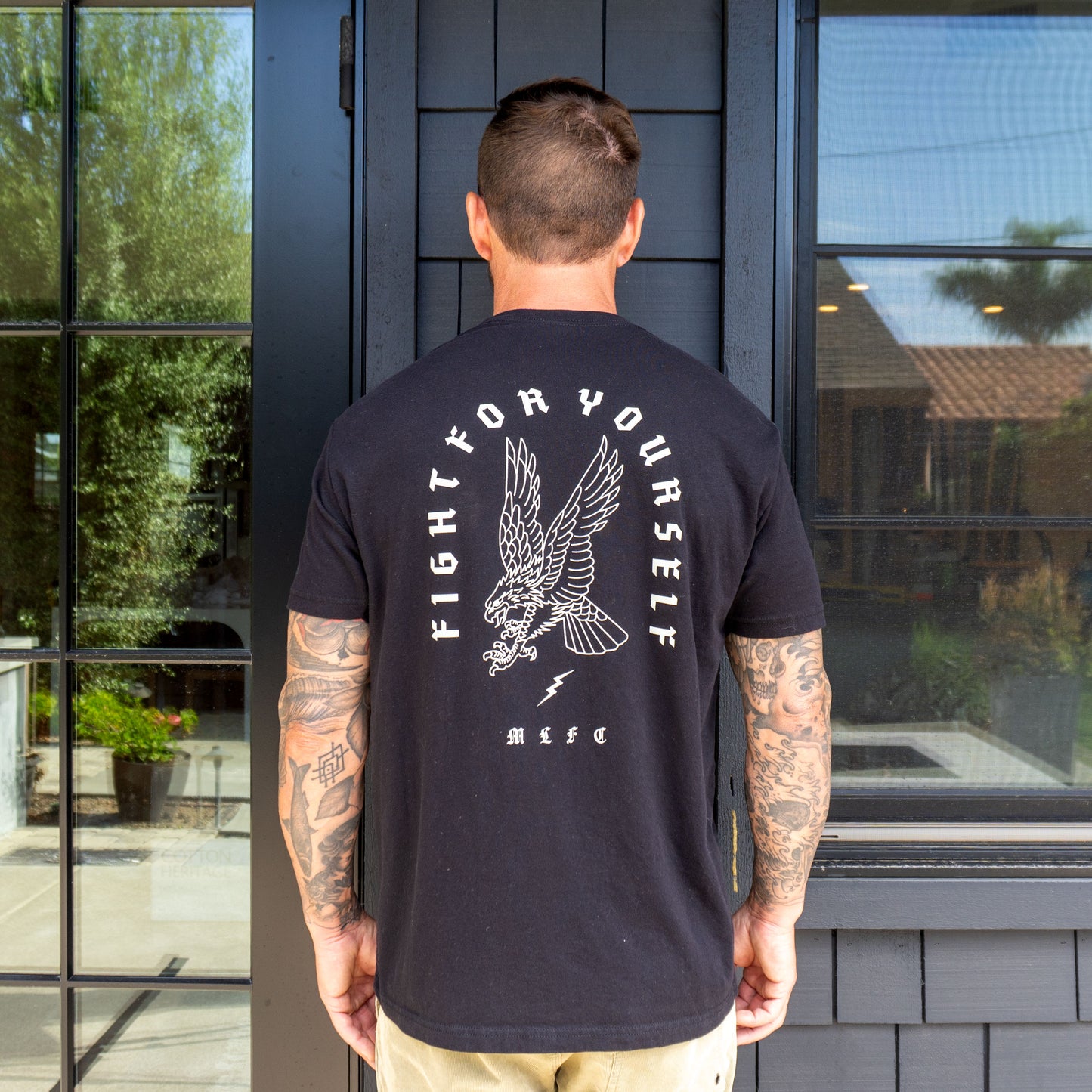 FIGHT FOR YOURSELF EAGLE 100% cotton super soft crewneck pocket t-shirt front & back screen print design