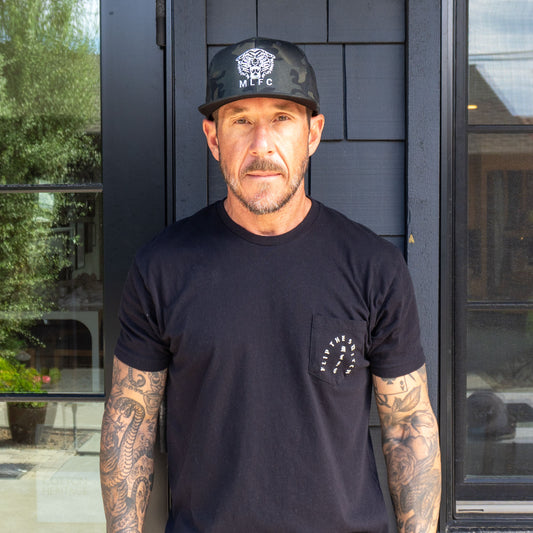 Jeff Sutherland wearing black and green camo Eye of the Tiger MLFC snapback hat outdoors