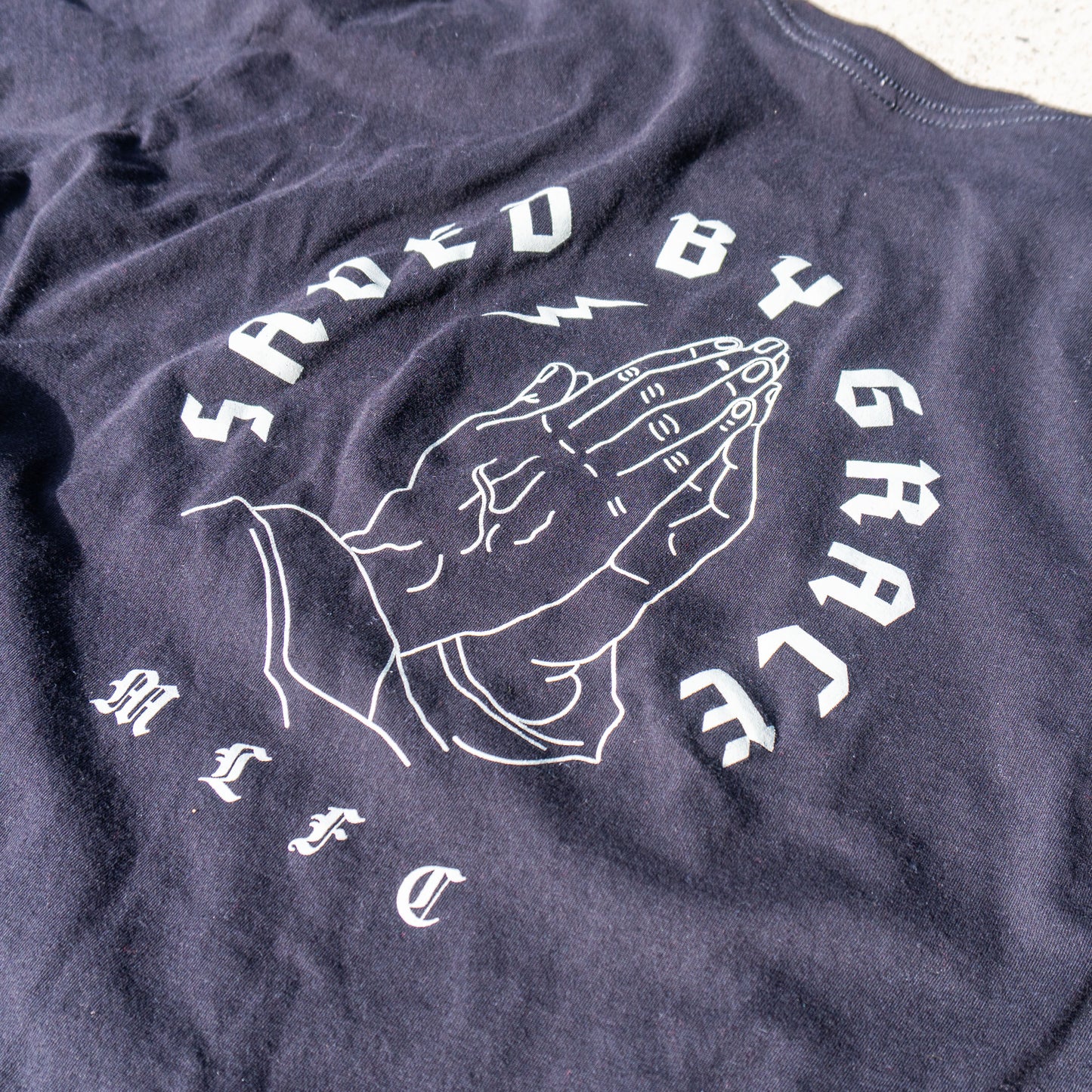 SAVED BY GRACE 100% cotton super soft crewneck pocket t-shirt front & back screen print design